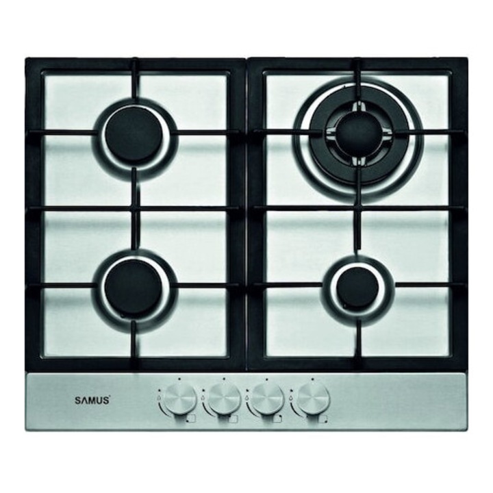 Plita gaz Pyramis 6704 Grey Pearl, 4 arzatoare, gratare fonta, butoane frontale, 594x523mm, finisaj sticla gri