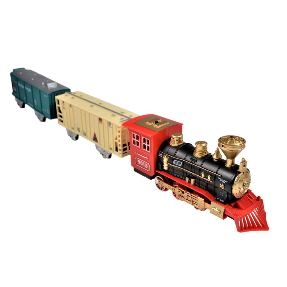 Brandy volume organize Jucarie tren de marfa cu sine, locomotiva si doua vagoane, cu lumini,  sunete si fum locomotiva, multicolor, trenulet jucarie, tren cu detalii  realistice, Rail King - eMAG.ro