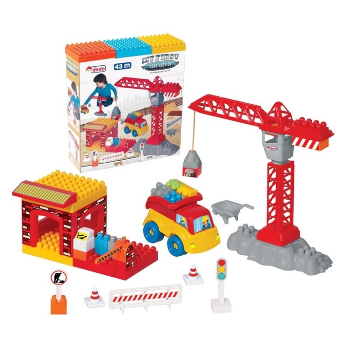 Set joc de constructie pentru copii din cuburi Santier de contructie cu macara, 43 piese + Selfie Stick CADOU!