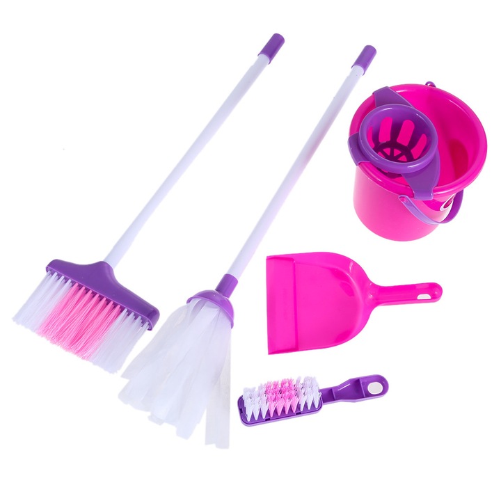 Set de curatenie complet pentru copii, 5 accesorii, Roz + Selfie Stick CADOU!