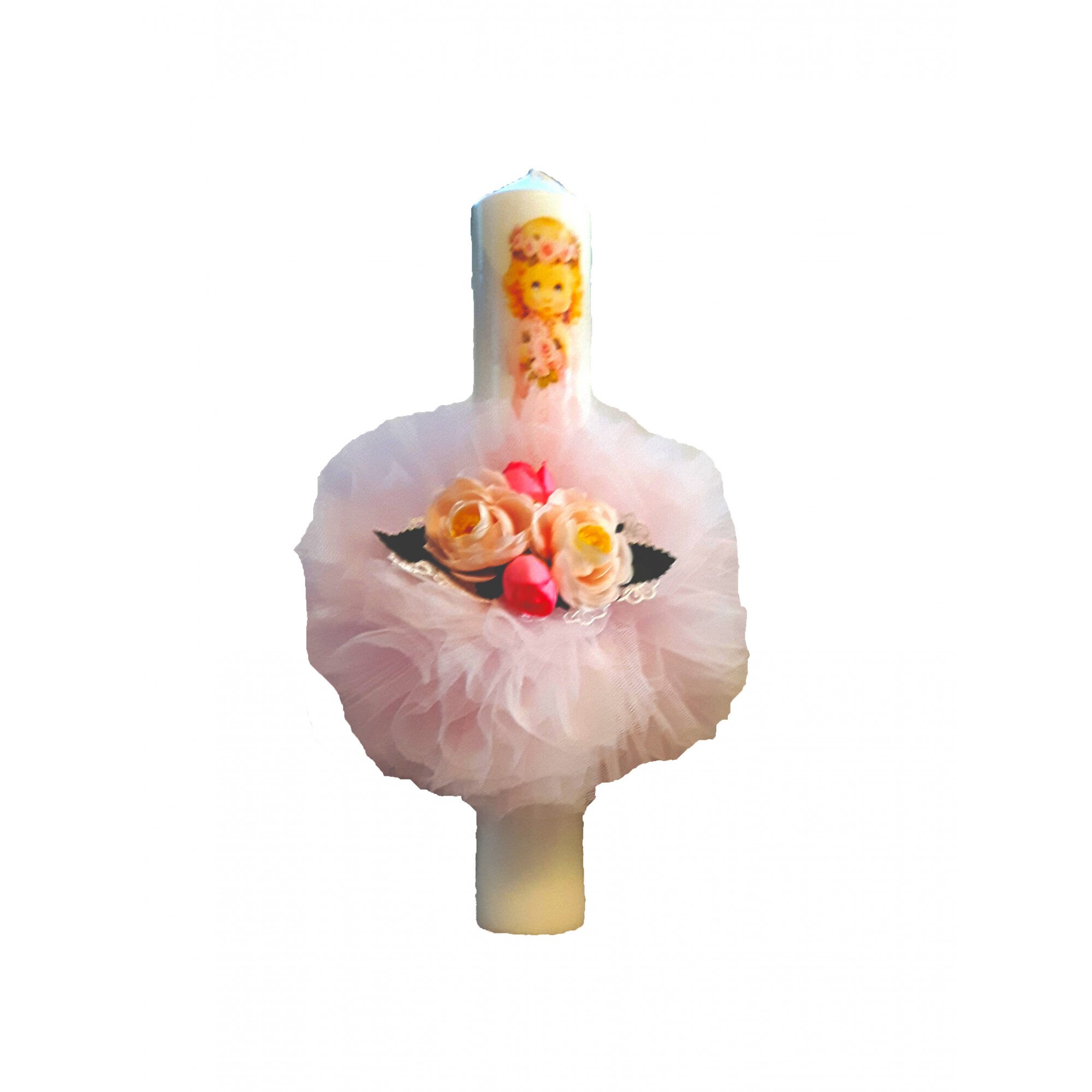 Lumanare botez, ingeras cu glob roz si floare