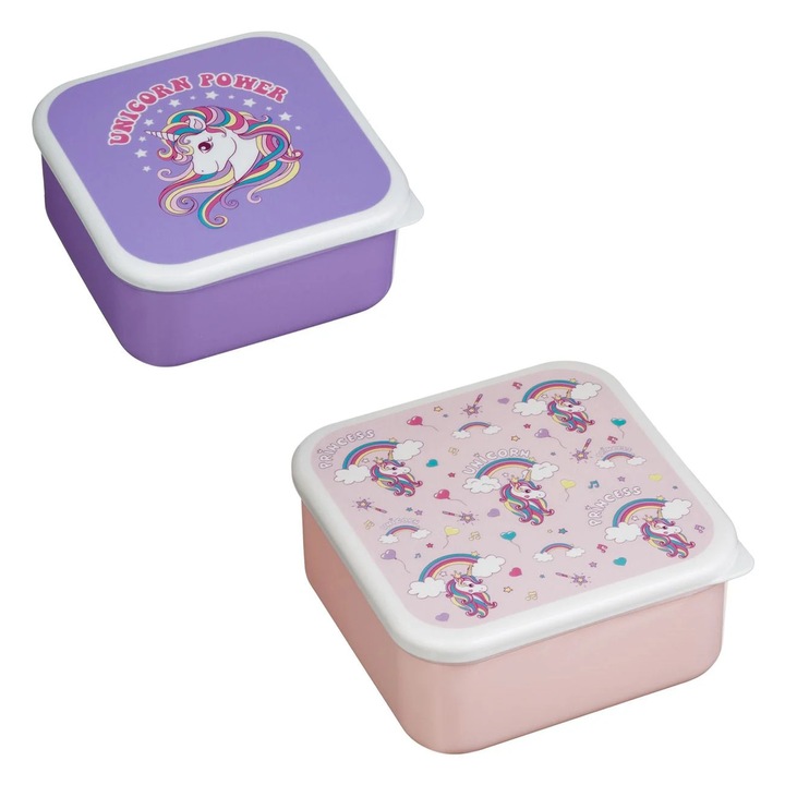 Set Caserole din Plastic Roz Lila Unicorni 700ml & 500ml - 2buc