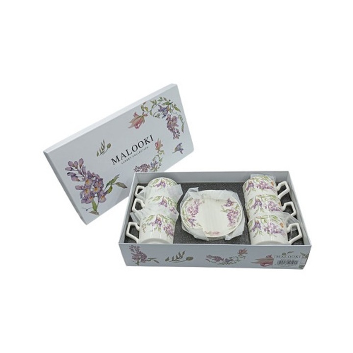 Set 6 cesti cu 6 farfurii, Malooki, ceramica, 150 ml