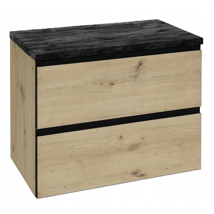 Set sifonier baie suspendat cu blat negru Modus, 60x46cm, 2 sertare, stejar artisan, mat