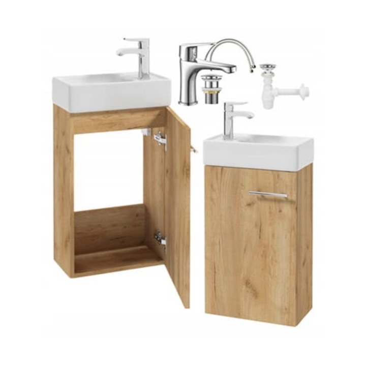 Set dulap de baie cu chiuveta ceramica 40 cm, robinet mixer, stejar artizanal, 60x50 cm