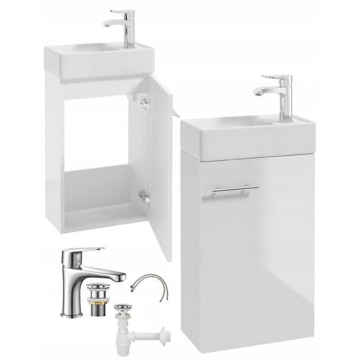 Set de mobilier de baie cu lavoar, DomoDomo, 68x40cm, alb lucios, suspendat si baterie lunga Mica