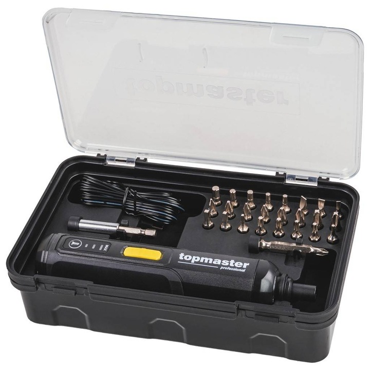 Kompakt 4V-os akkus csavarhúzó, bitkészlettel ellátott tokban