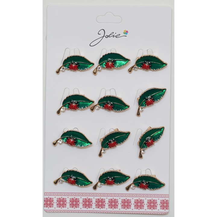 Martisor Kitűző, Jolie, 12 darabos szett, Tavaszi Katicabogár levélen modell, Fém kitűzők, Lakkozott megjelenés, Többszínű