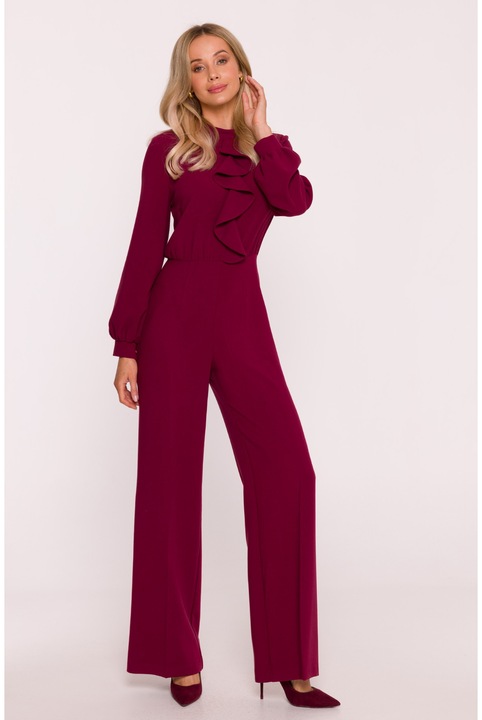 Elegáns kezeslábas, S420 Bordó sima anyag puha felülettel, állógallér, hosszú puffos ujjak, rejtett cipzár, 6.7