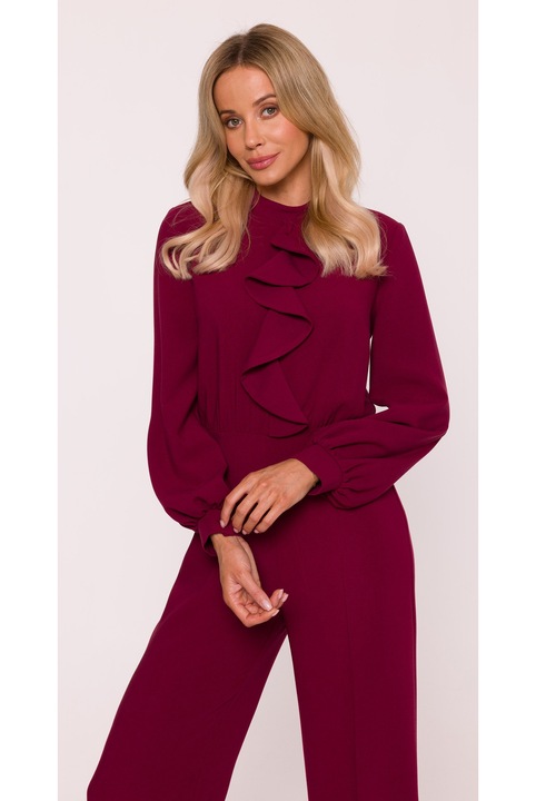 Elegáns kezeslábas, S420 Bordó sima anyag puha felülettel, állógallér, hosszú puffos ujjak, rejtett cipzár, Bordeaux