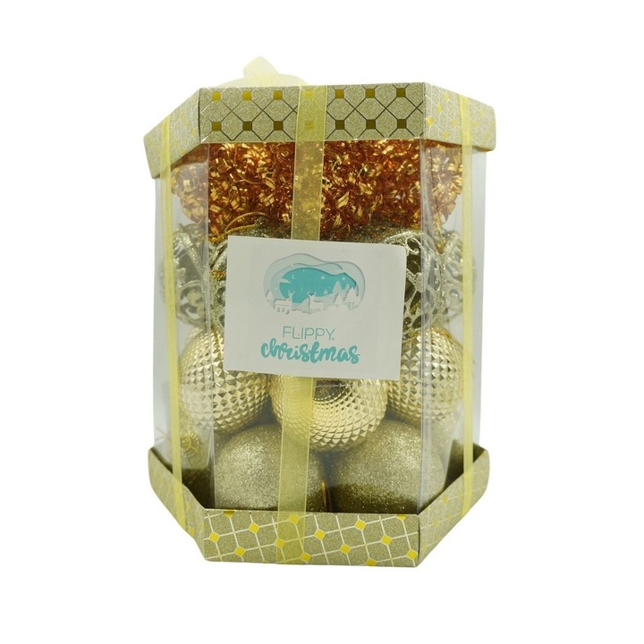 Set de 28 ornamente de brad, toolsy, de tip Glob, Cupru/ Auriu, din polistiren, cu finisaj sclipitor, cutie 18 cm adancime x 22 cm inaltime x 18 cm lungime)