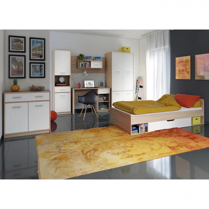 Set dormitor Expomob TIPS, 6 piese, pat 90x200 cm, dulap 4 usi, biblioteca, birou, comoda, raft, culoare stejar sonoma + alb