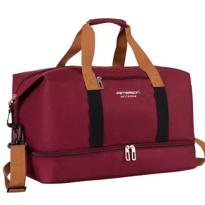 Utazótáska, Peterson, 30x47x25 cm, Poliészter anyag, 35 l űrtartalom, Kétrekeszes kialakítás, Vízálló rekesz, Állítható pánt, Nagy sporttáska, Bordó