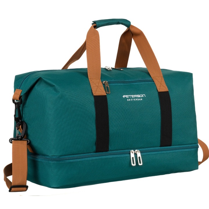 Utazótáska, Peterson, 30x47x25 cm, Poliészter anyag, 35 l kapacitás, Kétrekeszes felépítés, Állítható pánt, Nagy sporttáska, Türkiz