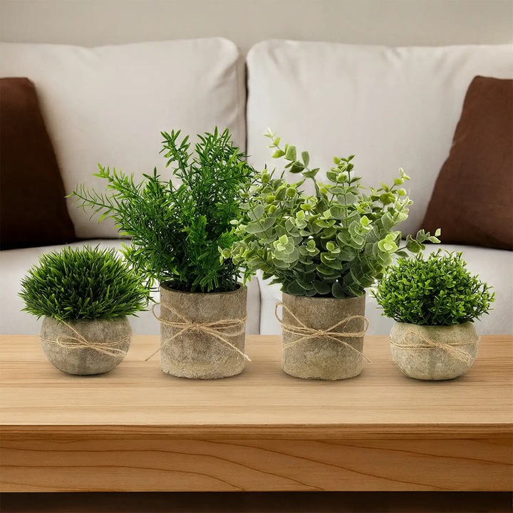 Elindor® 4 db-os műnövény szett beltéri és kültéri használatra, dekoratív virágok, dísznövény otthoni dekorációhoz, ideális fürdőszobába, irodába, nappaliba, előszobába, hálószobába, 7.5 x 23 cm és 10 x 13 cm, zöld / bézs