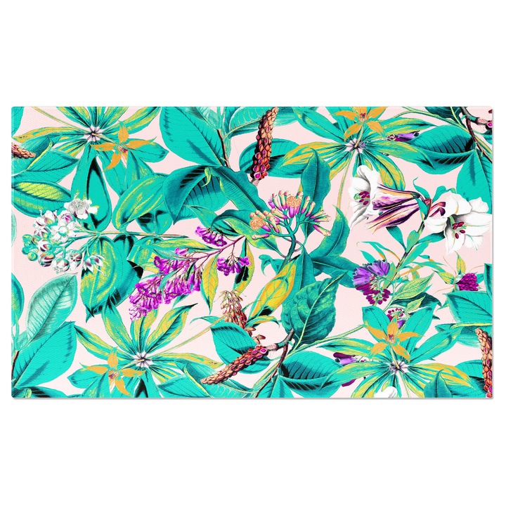 Tablou Canvas: Frunze si petale de flori de culoarea turquoise - Flori mov, fundal roz 100x70CM