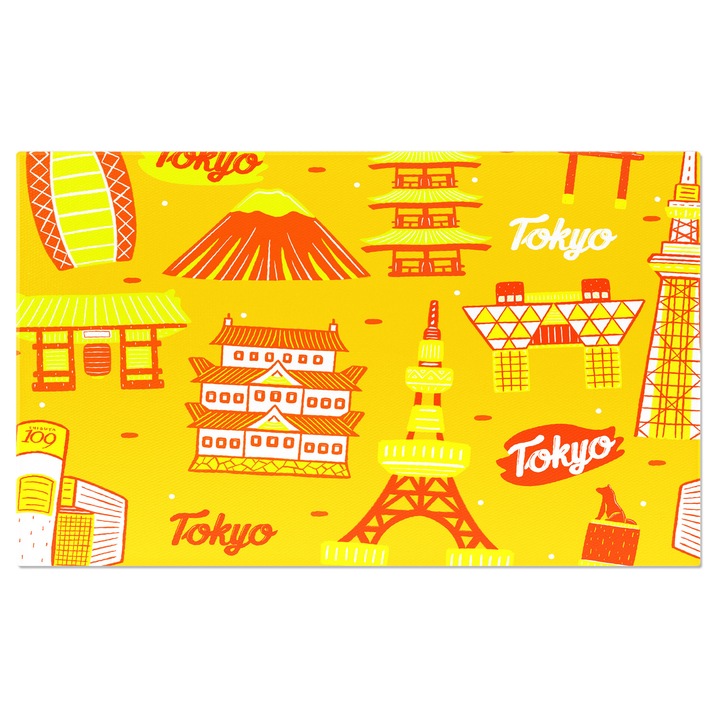 Tablou Canvas: Tip Poster cu fundal galben si elemente din Tokyo - Vulcan, cladiri, trenuri rapide 90x60CM
