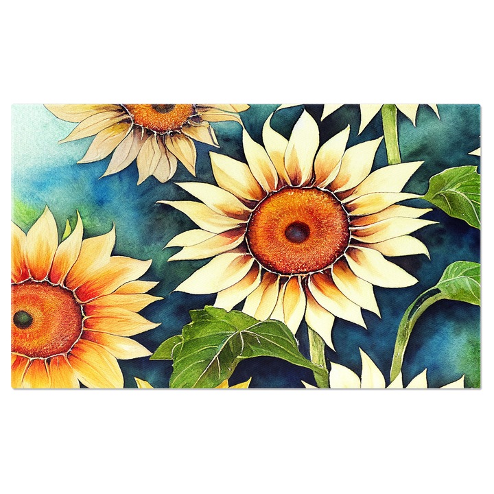 Tablou Canvas: Model cu floarea soarelui pe fundal albastru - Desen creionat cu flori 40x25CM