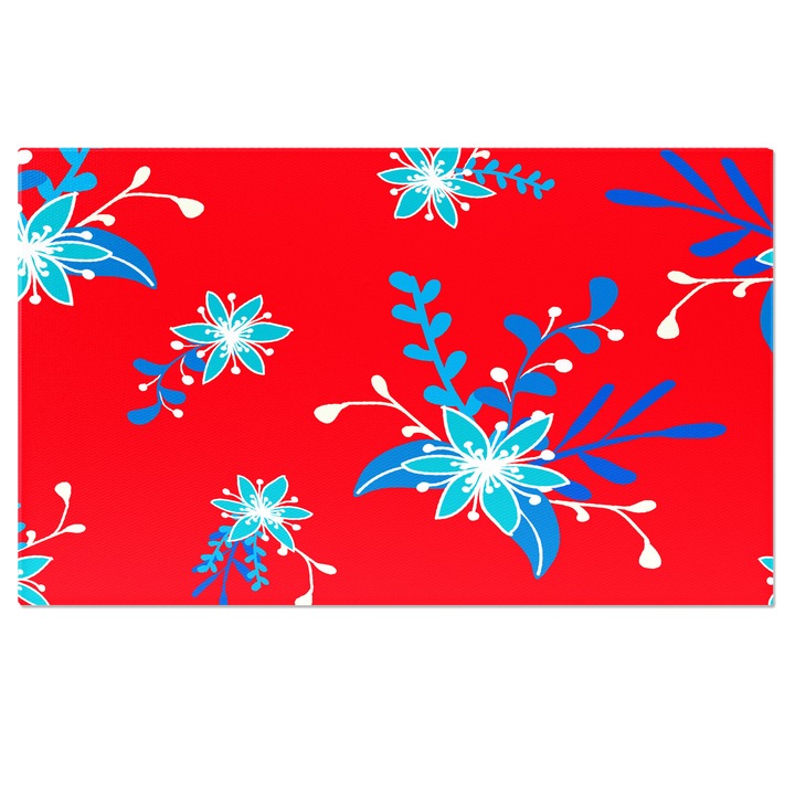 Tablou Canvas: Rosu aprins pe fundal - Model cu flori de marimi diferite, flori albastre 100x70CM