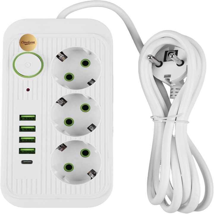Разклонител с 3 контакта и USB, Omelivon, 8 в 1 с превключвател, включително 3 контакта, 4 USB, 1 Type-C, адаптер за контакт, бял