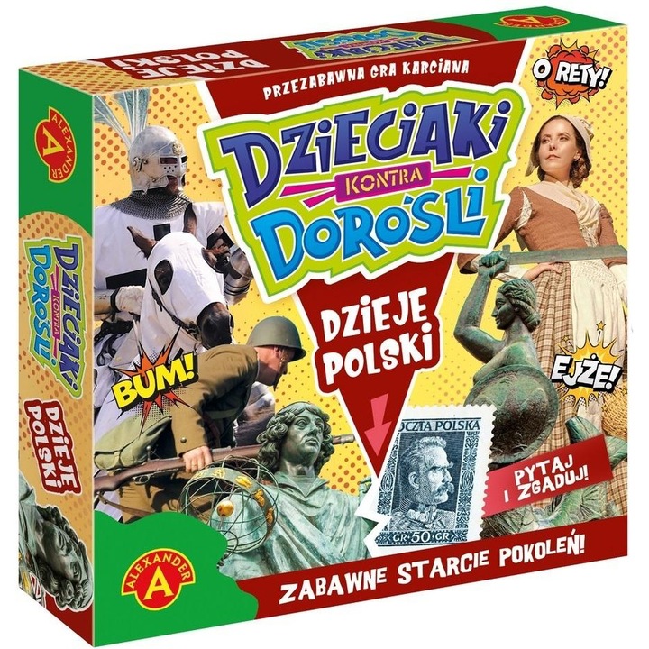Alexander Dzieci kontra Dorosli - Dzieje Polski kártya- és társasjáték, 8+ éveseknek, oktató és szórakoztató, Többszínű