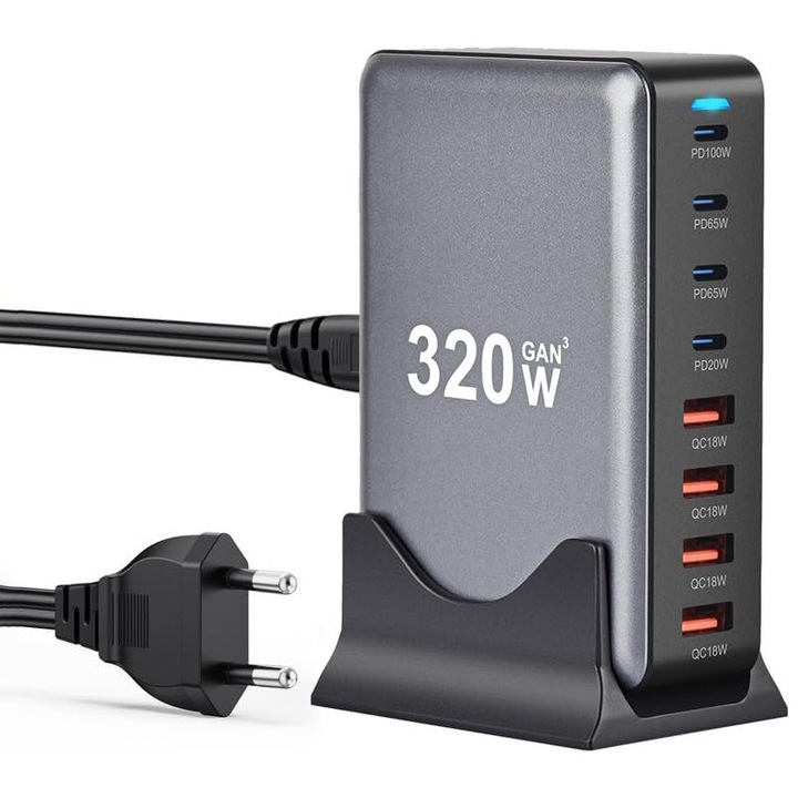 320 W-os többportos gyorstöltő állomás, Rqiurpn, 8 portos töltőállomás, 4 USB-C, 4 USB-A, kompakt, hordozható, kompatibilis laptoppal, MacBookkal, iPhone-nal, Samsunggal, Androiddal, többszörös védelemmel, fekete