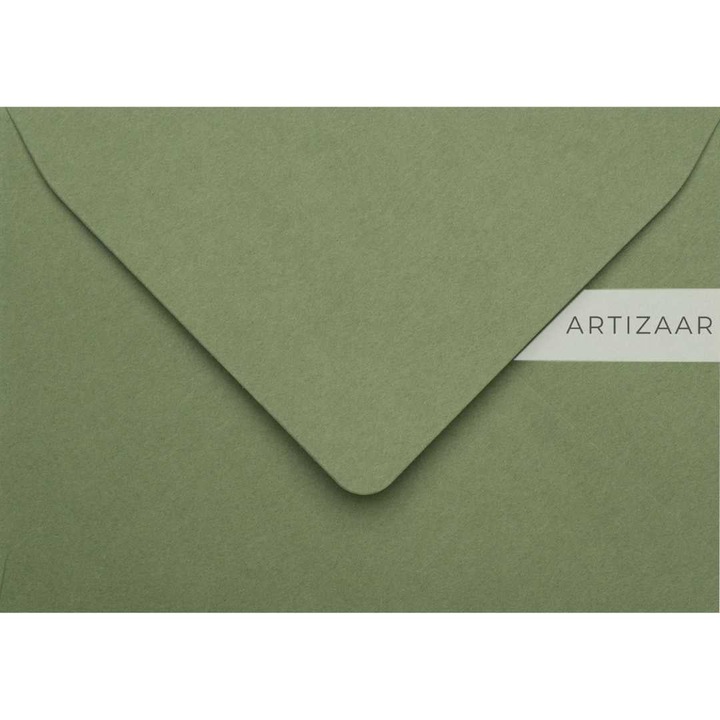 25 db B6-os kézműves boríték szett, olíva zöld, 230g, 125x175 mm, V alakú fül ragasztó nélkül, esküvői, keresztelői meghívókhoz, rendezvény papíráruhoz