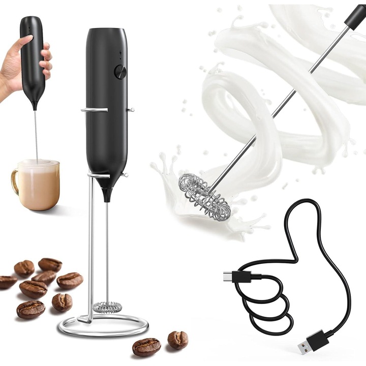 Elektromos tejhabosító tartóval, újratölthető, fekete, cappuccinohoz és lattéhoz