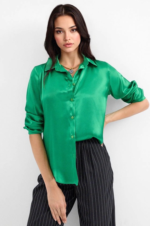 Camasi dama, BigDart, camasa cu maneca lunga, satin, Verde, 5XL