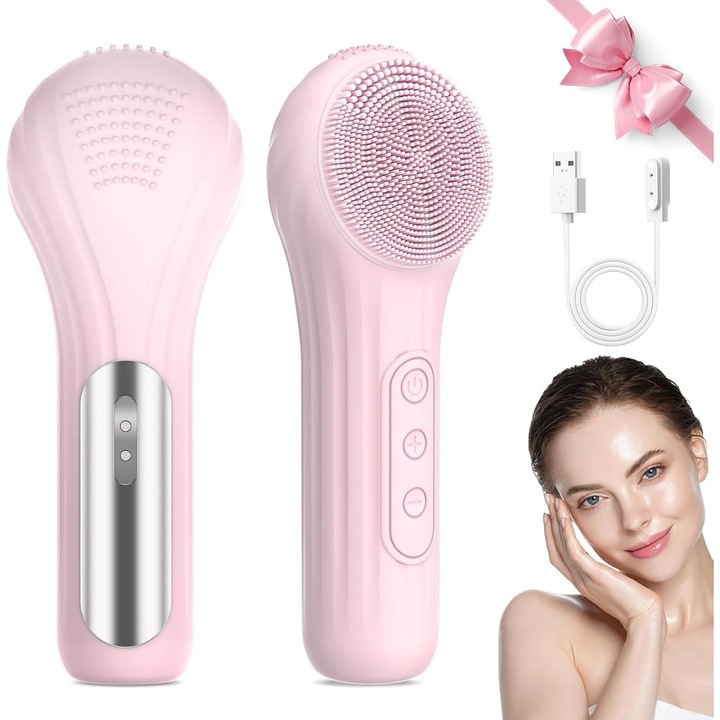 Perie electrica de curatare faciala, impermeabila IPX7, masaj termic, 6 niveluri de mod, compacta, roz