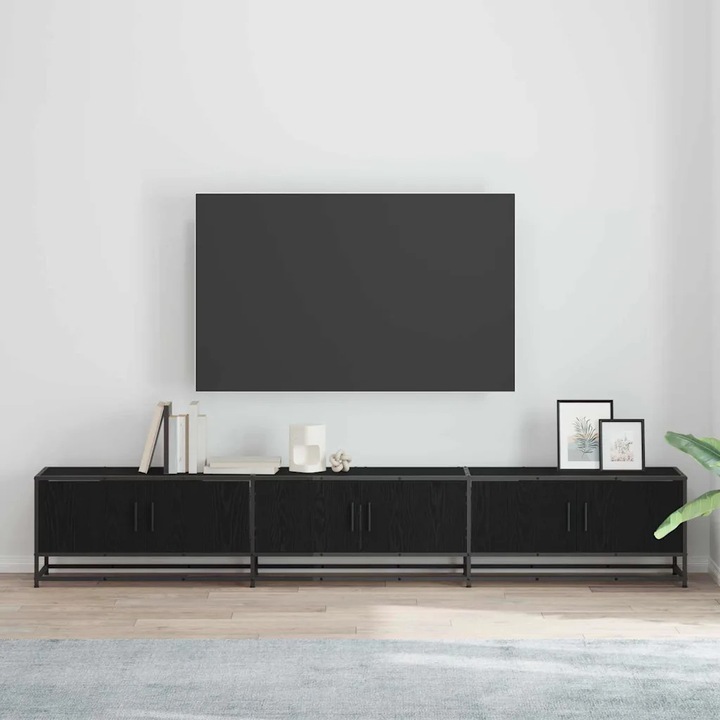 Comoda TV VidaXL, negru, 240x35x41cm, design modern, din material lemnos si otel, cu usi pe balamale