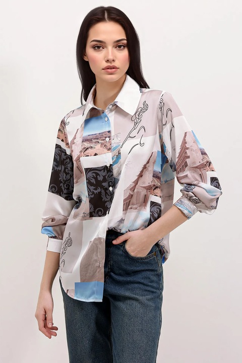 Camasa dama, BigDart, cu maneca lunga, satin, Bej Natural, S