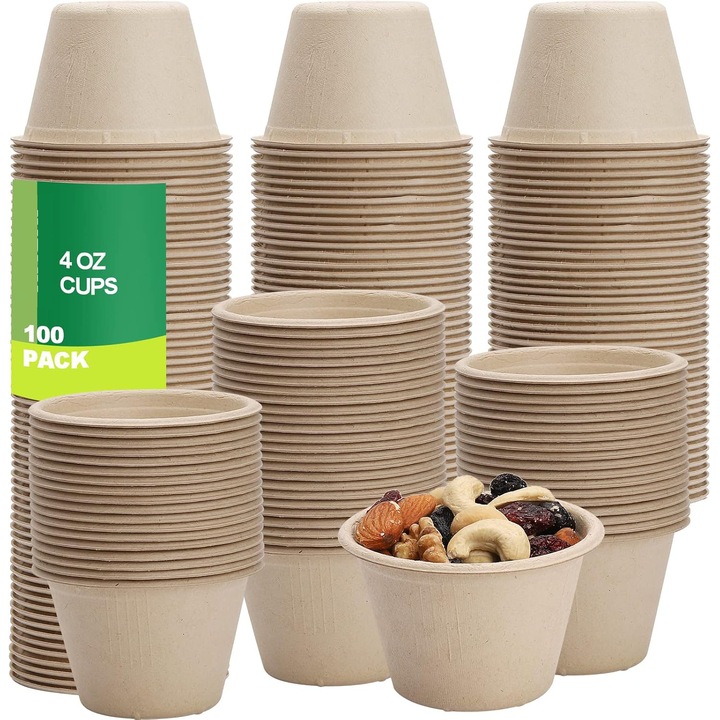 Set 100 cupe compostabile, Jeffouoo, 4 oz, biodegradabile, pentru bauturi calde si reci