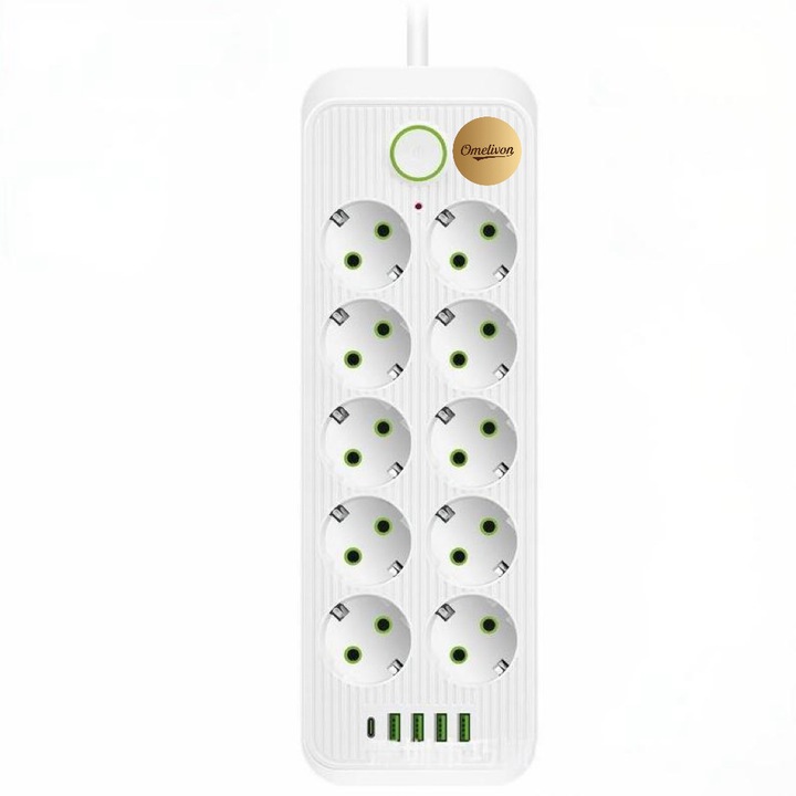 Разклонител с 10 контакта и USB, Omelivon, 15 в 1 с превключвател, включително 10 контакта, 4 USB, 1 Type C, адаптер за контакт, разпределител на захранване, бял