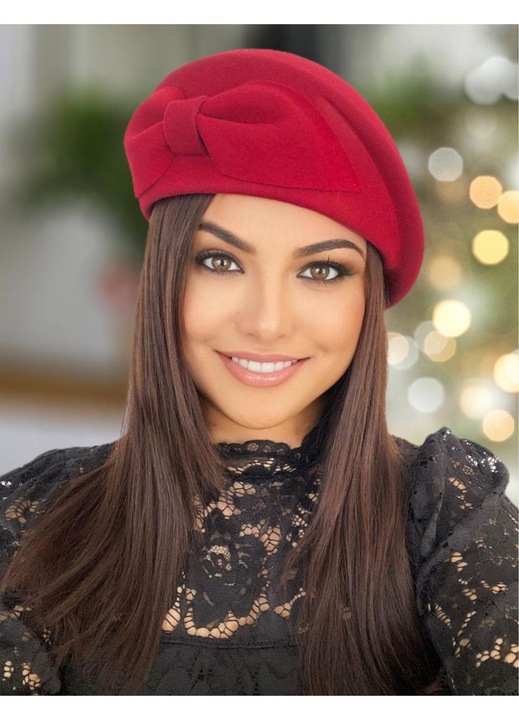 Palarie dama lux toca pe colt Confortino Princess Lux – Fetru italian 100% lana, Palarie Rosie (Rosu), Marime Unica, Reglabila – Fabricata in Romania