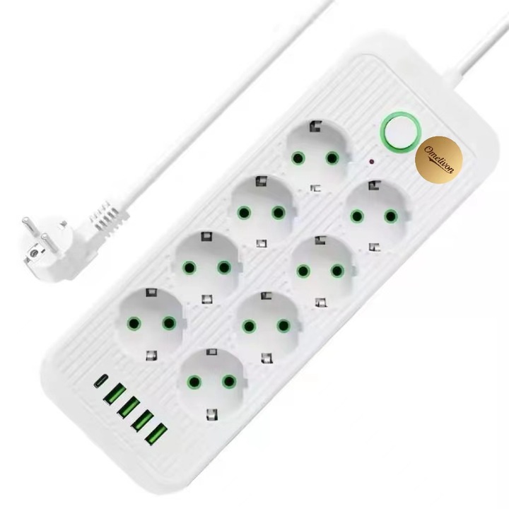 Разклонител с 8 гнезда и USB, Omelivon®, разклонител 13 в 1 с превключвател, включително 8 контакта, 4 USB, 1 тип C, адаптер за контакт, разклонител за захранване, бял