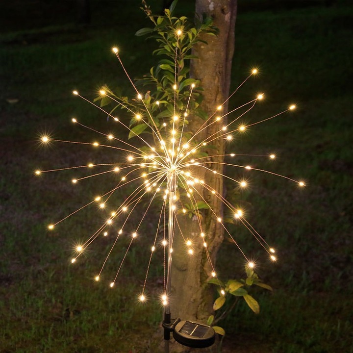 Lampa Solara, Flippy, Decor Gradina, Model Fireworks, Artificii, din Sarma de Cupru, 120 LED-uri, 55W, 90 cm, Alb Cald