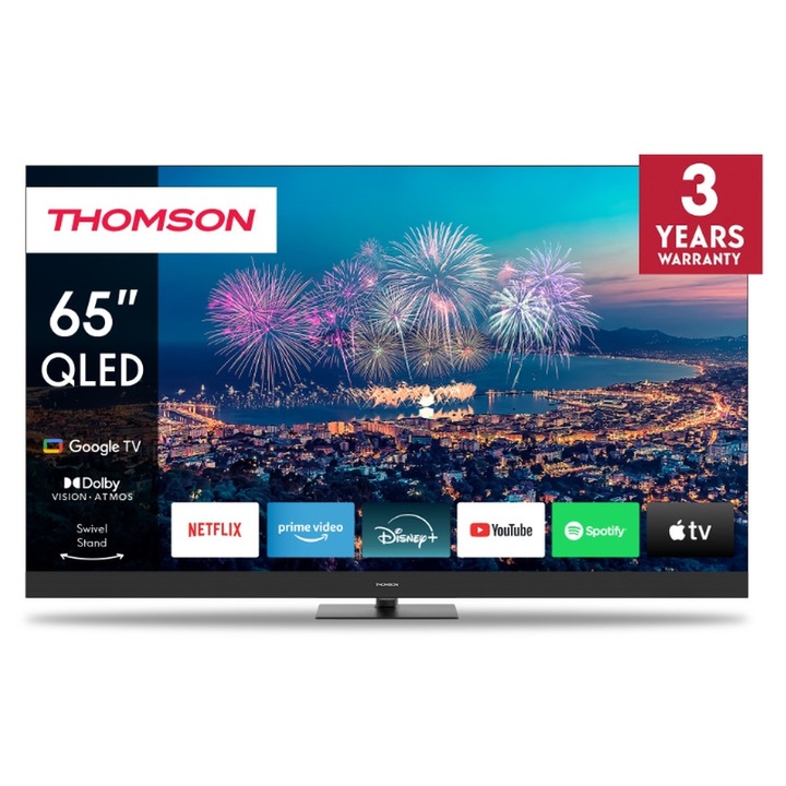 Телевизор Thomson Smart QLED Plus TV 65", Google TV, 3840 x 2160 (4K UHD), QLED, 4000:1, 60 Hz, DVB-T/T2/C/S/S2, HDR10, Wi-Fi, Bluetooth, LAN, HDMI 2 (2.0) + 2 (2.1), USB 2 (2.0) + 1 (3.0), Built-in Front Speakers, Central Swivel Stand, Black 65QG6C14
