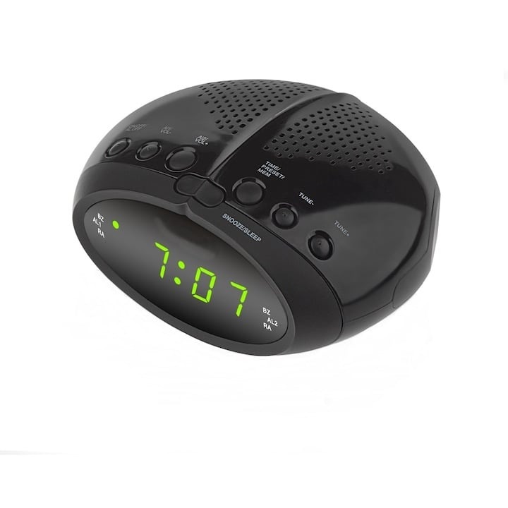 Преносимо радио, с часовник и аларма, цифрово, памет за радиостанции, дрямка на алармата, радио за сън, черно
