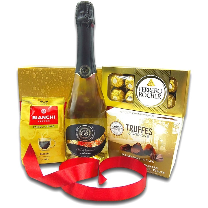 Pachet cadou festiv, CADOURI PREMIUM®, model Festive Gold, cu spumant alb Festiv Domeniile Bohotin, cafea Bianchi, praline Ferrero si trufe de ciocolata
