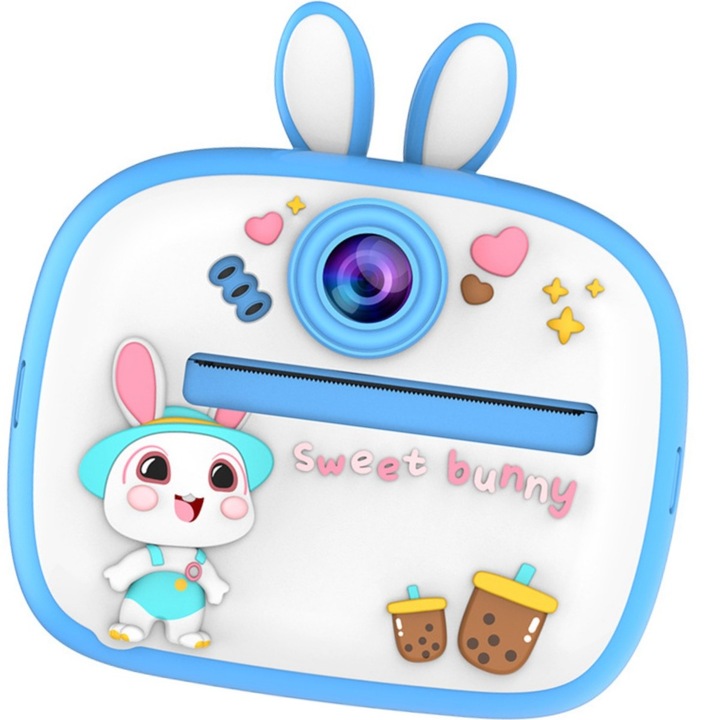 Camera Foto/Music/Game, Full HD, Ecran 2.4", Jocuri, MP3,1000mAh, Printare Termica, Cadou Educativ, Camere duale Functia selfie, Jocuri Preinstalate,2 role hartie incluse, cablu USB-C, albastru, Compact si portabil