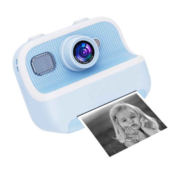 Детска камера, цифрова, фото-видео, функция за печат, 48 MP, Full HD, резолюция 1080p, селфи камера, 2.4 инчов екран, светкавица, 1500 mAh, музика, игри, стикери, включена 32GB SD карта, син