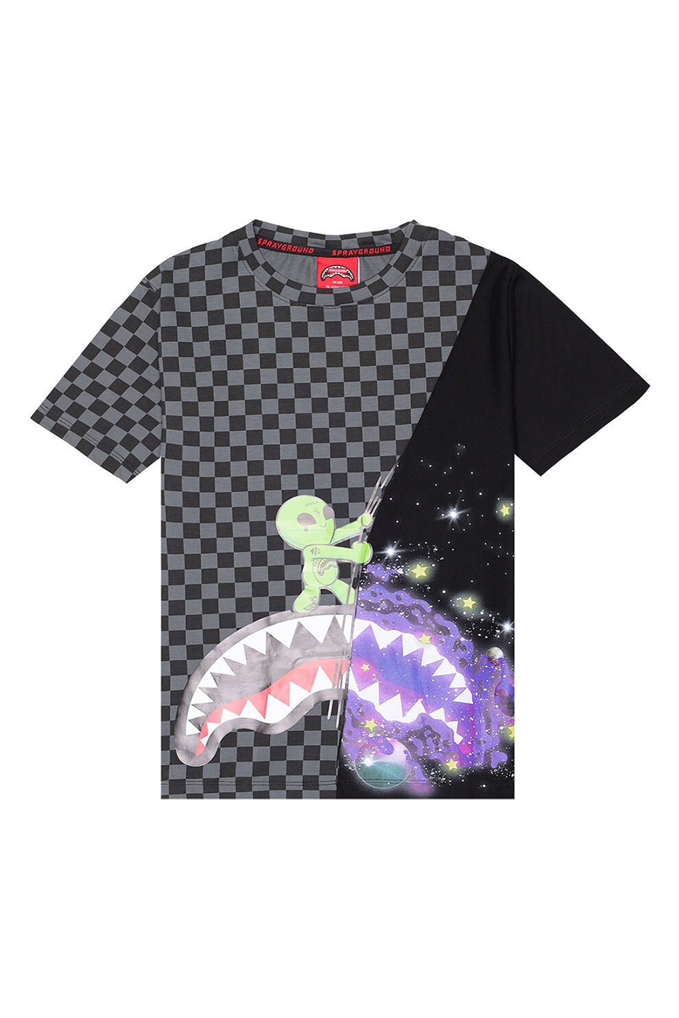 Sprayground, Tricou cu decolteu la baza gatului si model in carouri Cosmic Ray, Negru, Violet deschis, Gri inchis, 170 CM