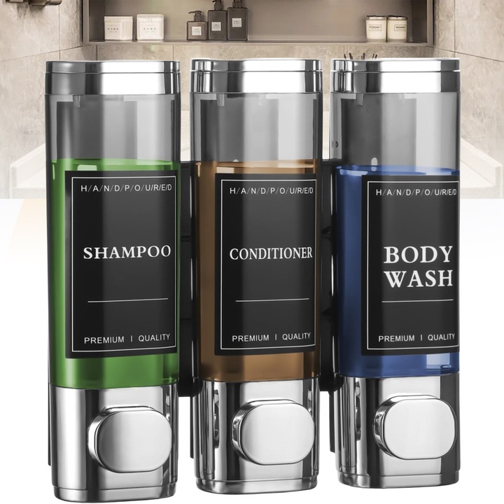 Dispenser de sapun, AKKEE, Set 3 dozator, 3 x 300 ml, cu etichete, accesorii pentru instalare, Prinderede Perete, Dozator sampon/sapun lichid/gel dus, pentru baie, bucatarie, hotel, Argintiu