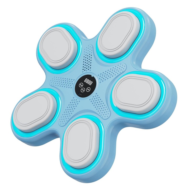 Interaktív ütőpanel, gyermekeknek, Bluetooth kapcsolat, beépített hangszóró zenelejátszáshoz, LED világítás az ütési zónán, kesztyű mellékelve, falra szerelhető, kék, otthoni fitnesz, felfüggesztés, box edzés, kék