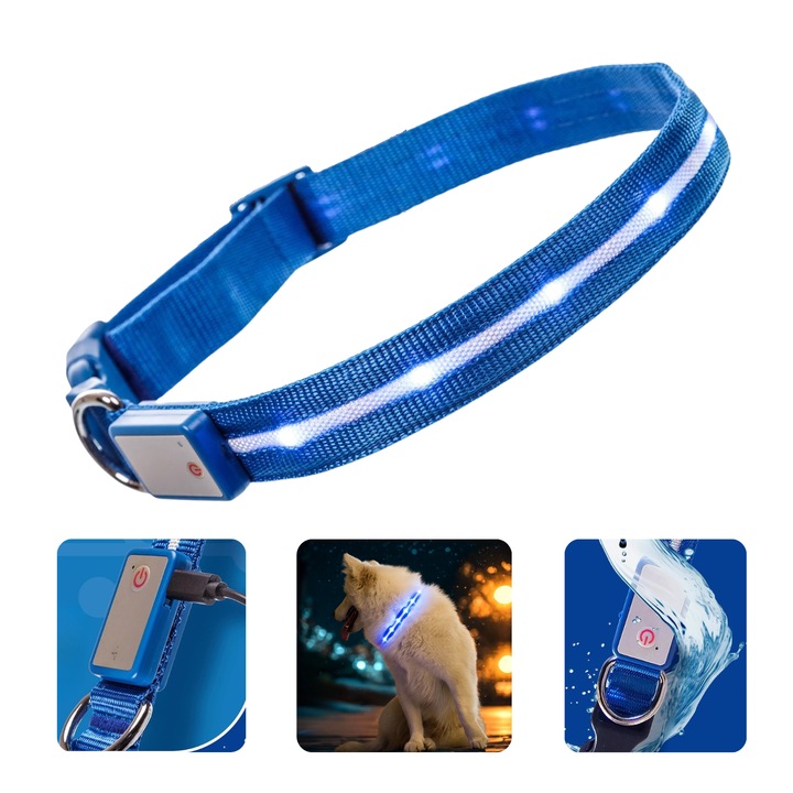 Zgarda Luminoasa LED Pentru Caini, BIZAIMO®, Pentru Mai Multa Vizibilitate Si Siguranta In Plimbarile Nocturne, Reincarcabila USB-C, Rezistenta La Apa IPX7, Lejera Si Confortabila, Reglabila, 3 Moduri De Iluminare, Marimea L, Albastru
