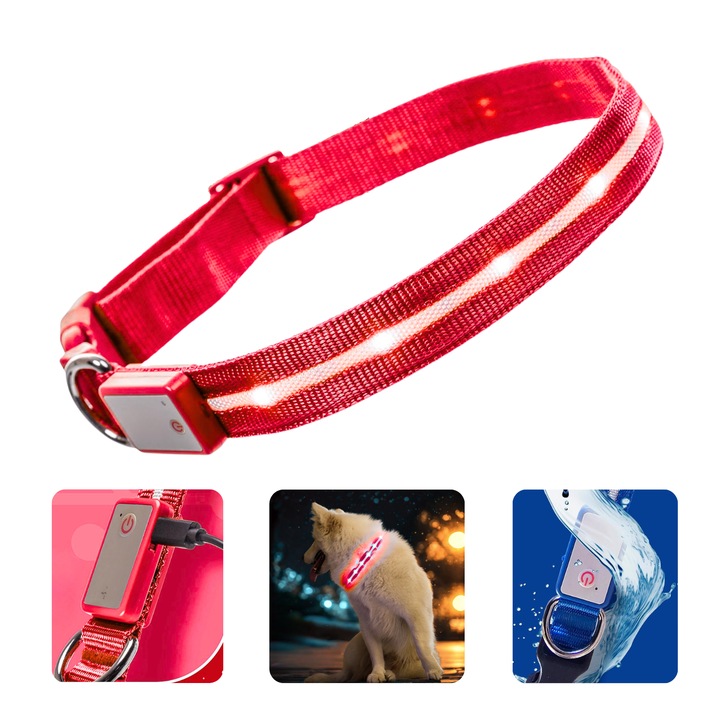 Zgarda Luminoasa LED Pentru Caini, BIZAIMO®, Pentru Mai Multa Vizibilitate Si Siguranta In Plimbarile Nocturne, Reincarcabila USB-C, Rezistenta La Apa IPX7, Lejera Si Confortabila, Reglabila, 3 Moduri De Iluminare, Marimea S, Rosu