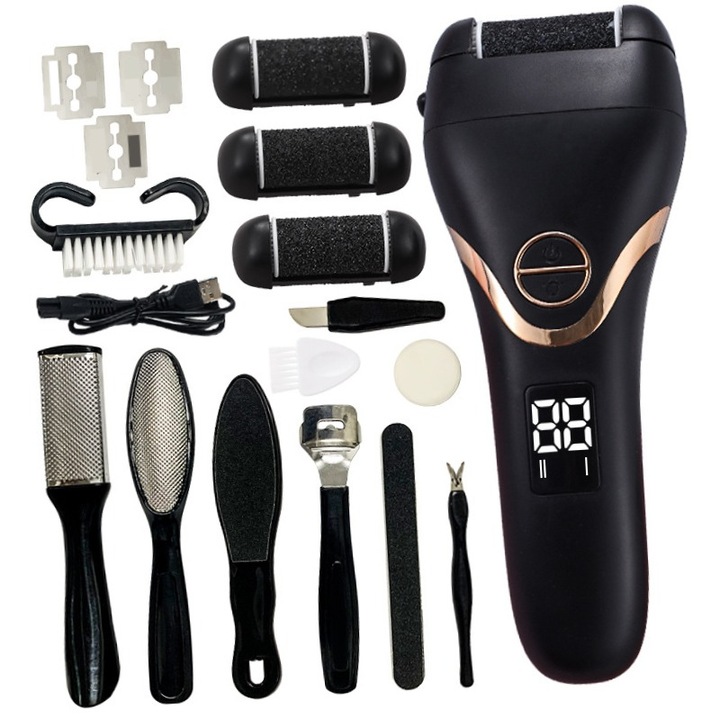 OEM Elektromos talp- és sarokreszelő, digitális kijelző, 1200mAh akkumulátor, USB töltés, IPX7 vízálló, 3 görgő, elhalt bőr eltávolító készülék, fekete szín, kiváló minőség, LED digitális kijelző