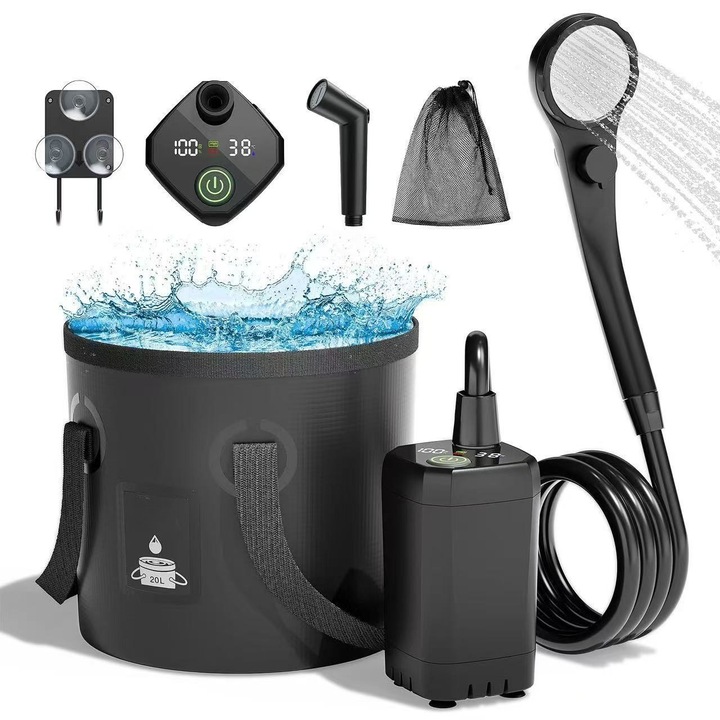 Dus Portabil Camping,6000mAh, Ecran LED, Moduri Pulverizare, IPX7 Waterproof, cu Galeata Pliabila, Cap Dus, Furtun, Pompa, Cablu USB, Carlig, Husa, drumetii, Calitate superioara, Puternic si durabilSpalatorii auto, Camping, Santier de constructii