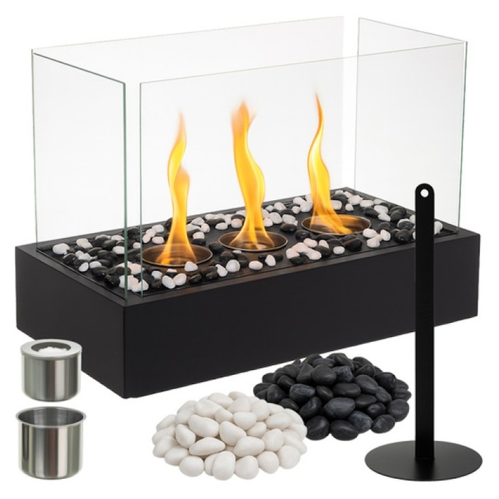 Semineu idealSTORE Bioetanol interior-exterior, 45 × 29 × 20,5 cm Flacara fara fum, miros sau cenusa, Pereti de sticla de protectie, 3 Rezervoare otel cu fibra ceramica, Capacitate 450ml, pietre decorative, Panou sticla anti-vant, Ideal pentru living